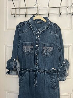 Guess Blue Denim Shirt Dress with Rhinestone Pocket Accents
